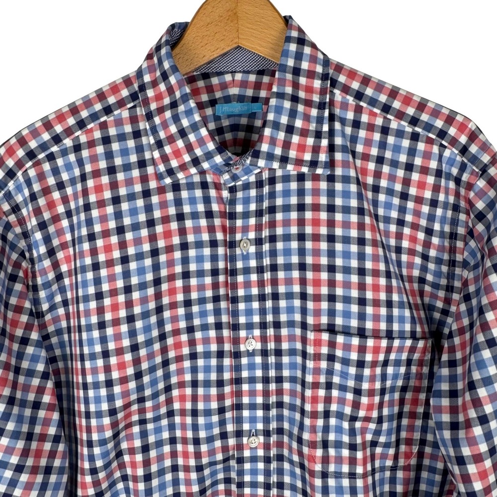 J.McLaughlin Gingham Check Shirt Mens L‎ Red Blue White Cotton Button Down